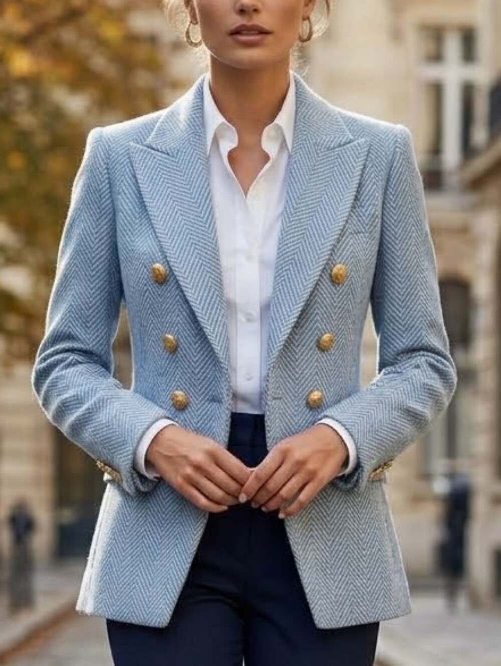 The Extreme Collection Light Blue Double-Breasted Herringbone Blazer Jacket 36
